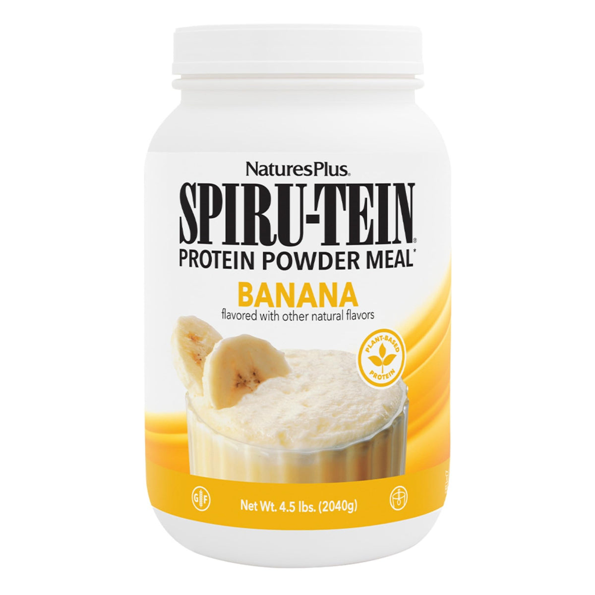 Nature's Plus SPIRU-TEIN Banana bottle pour for a convenient on-the-go protein boost.