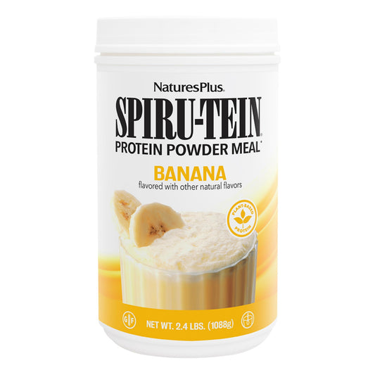 NaturesPlus SPIRU-TEIN Banana front view tub with protein-packed formula for quick fueling.