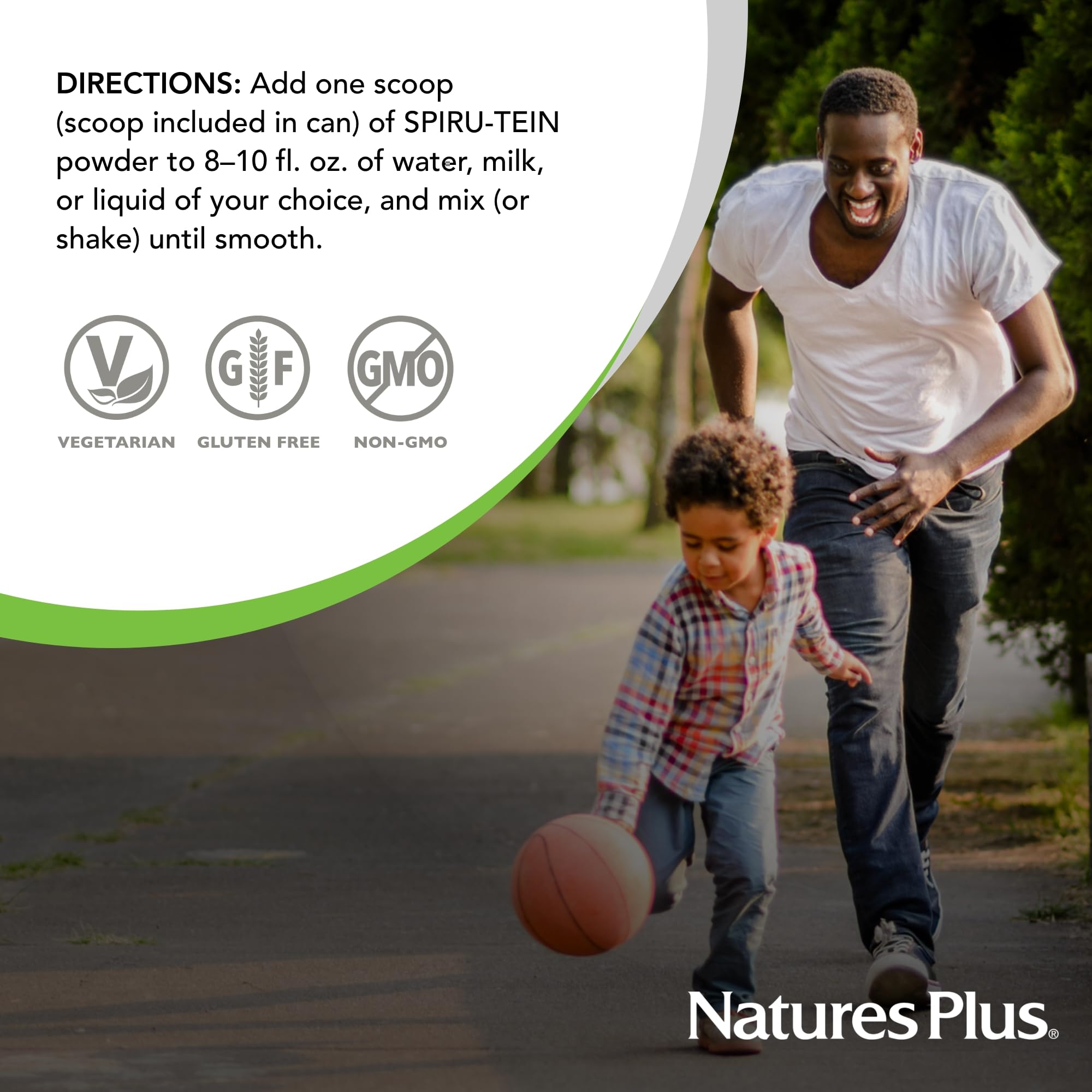 Nature's Plus SPIRU-TEIN Banana ingredients list with rice, soy, and pea protein.
