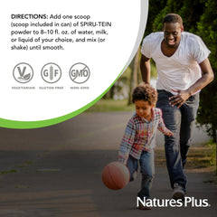 NaturesPlus SPIRU-TEIN Banana label close-up featuring vitamins and minerals.