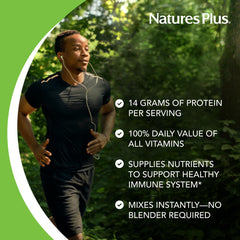NaturesPlus SPIRU-TEIN Banana powder scoop shot highlighting plant-based protein blend.