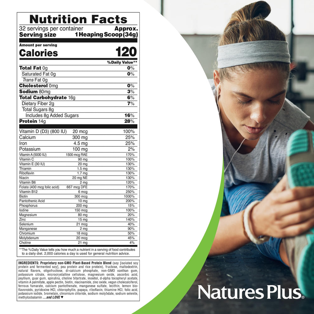 NaturesPlus SPIRU-TEIN Banana shake in glass demonstrating quick readiness.