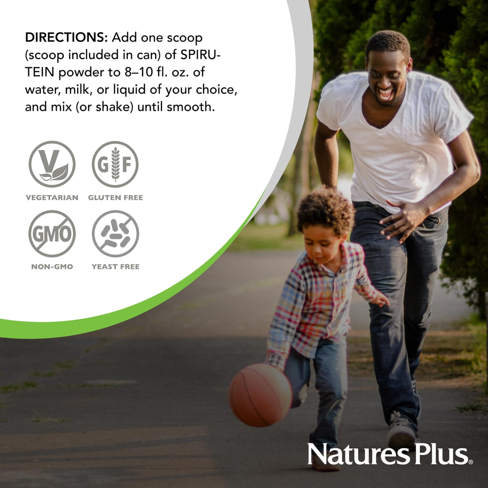 Nutrition facts label for NaturesPlus SPIRU-TEIN chocolate emphasizing vitamins and minerals