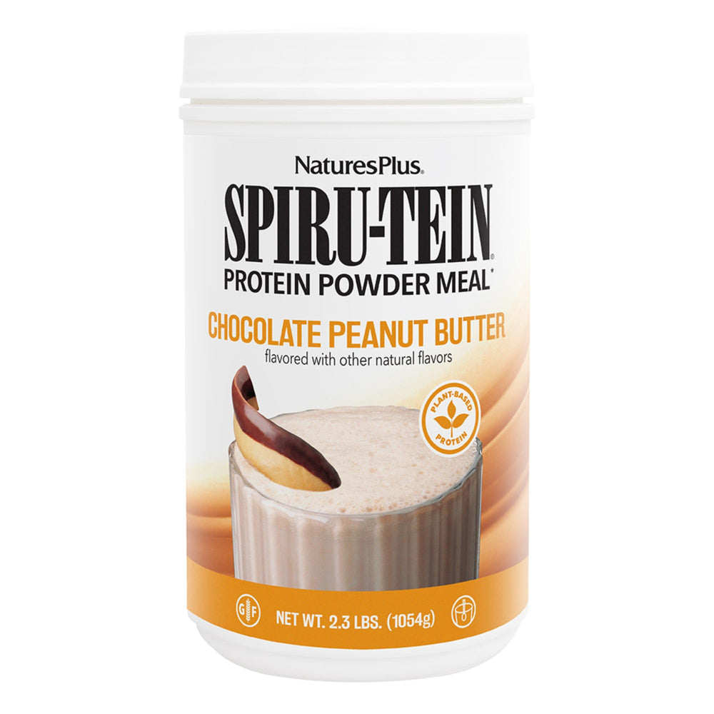 NaturesPlus SPIRU-TEIN Chocolate Peanut Butter bottle pour showing a protein-rich shake on the go