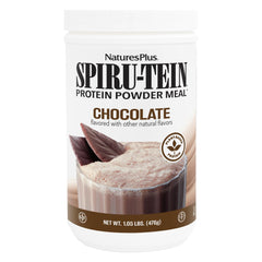 NaturesPlus SPIRU-TEIN chocolate powder tub for plant-based protein at any meal