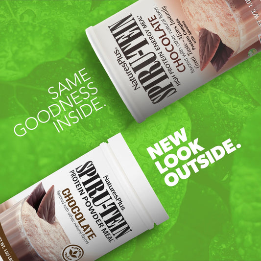 Closeup of NaturesPlus SPIRU-TEIN chocolate tub highlighting quality ingredients
