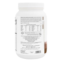 NaturesPlus SpirU-Tein chocolate tub label highlights non-GMO and gluten-free benefits.