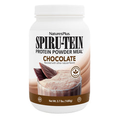 NaturesPlus SpirU-Tein chocolate tub showcases plant-based protein for everyday shakes.
