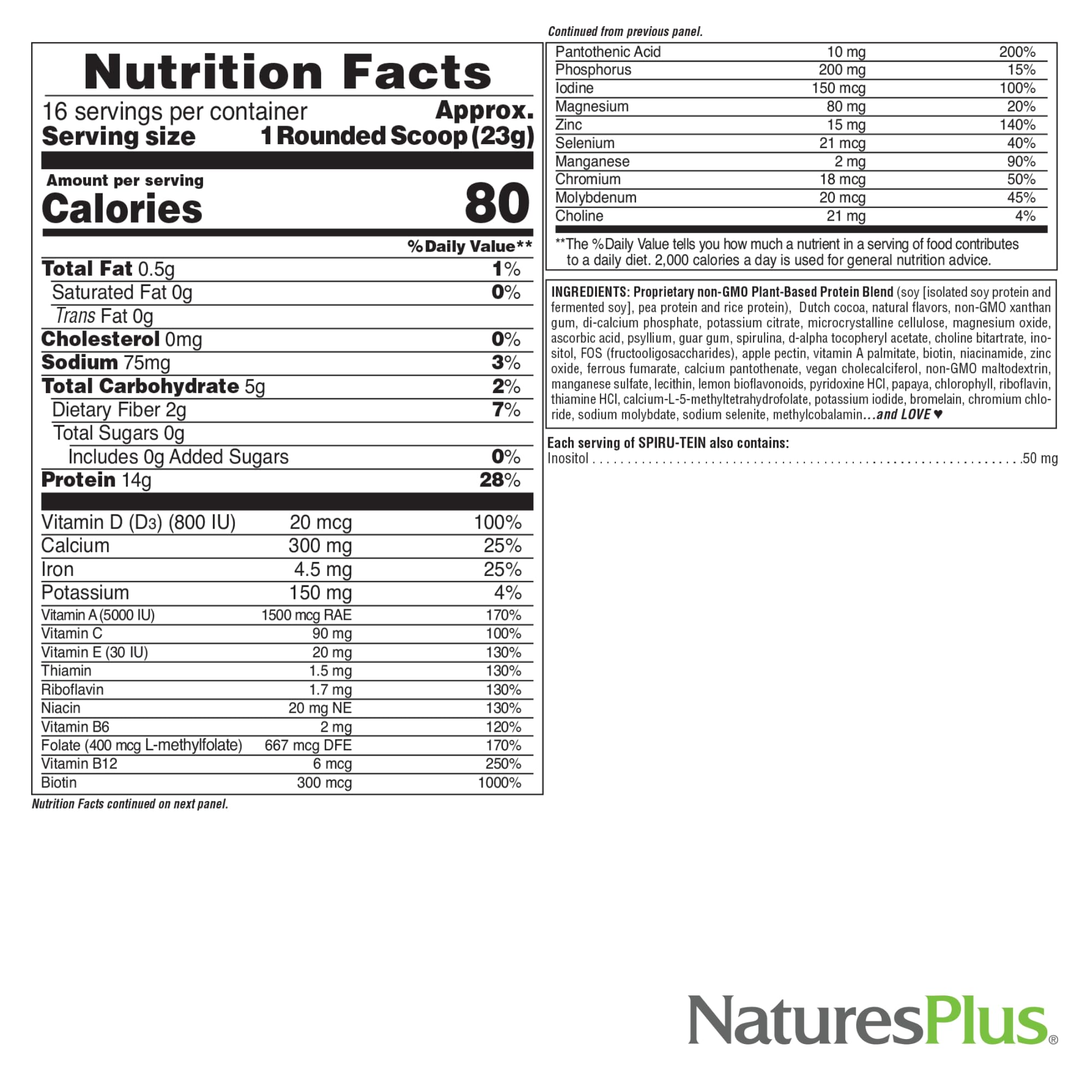 NaturesPlus SPIRU-TEIN Original Chocolate ingredients panel for balanced nutrition.