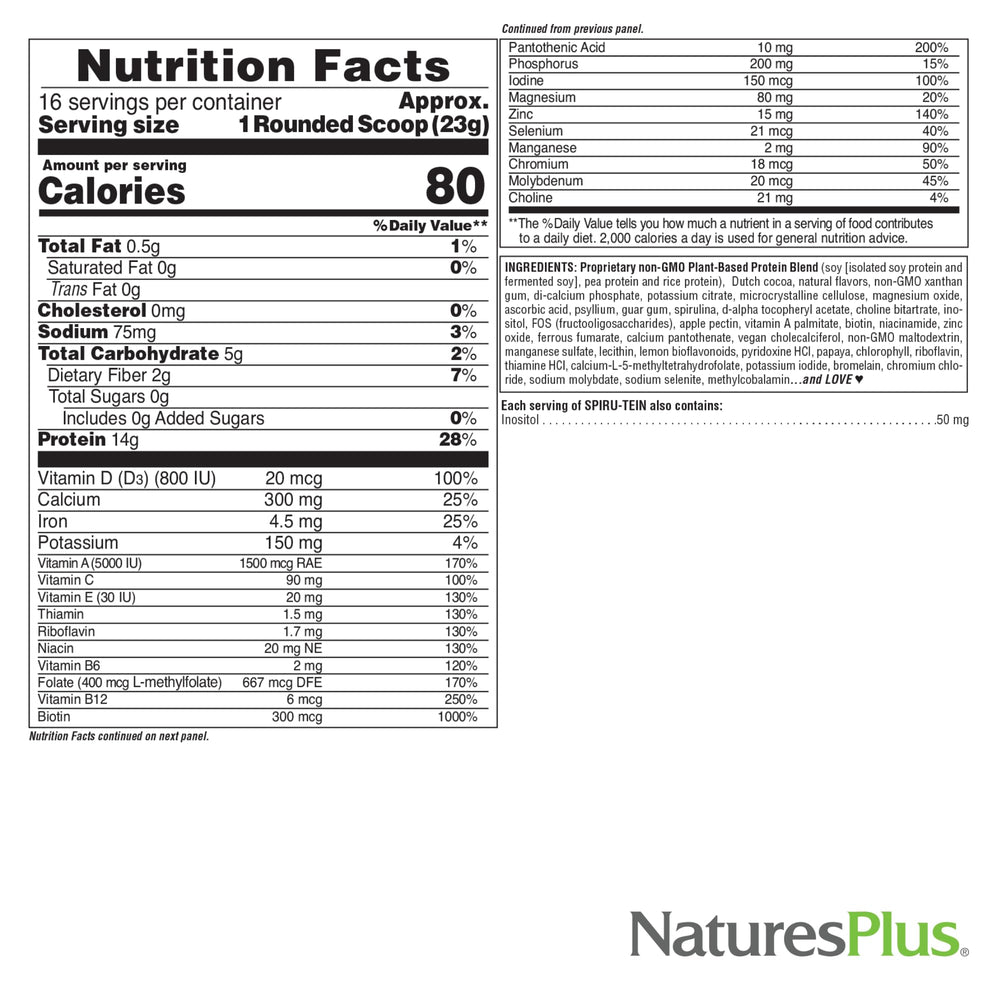 NaturesPlus SPIRU-TEIN Original Chocolate ingredients panel for balanced nutrition.
