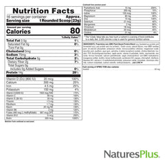 NaturesPlus SPIRU-TEIN Original Chocolate ingredients panel for balanced nutrition.