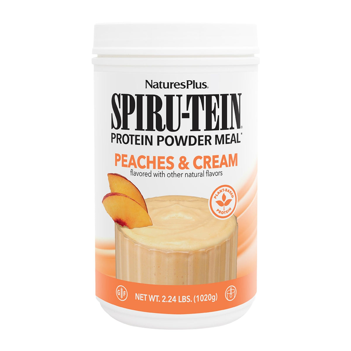 NaturesPlus SPIRU-TEIN Peaches & Cream bottle for convenient plant-based protein on the go.