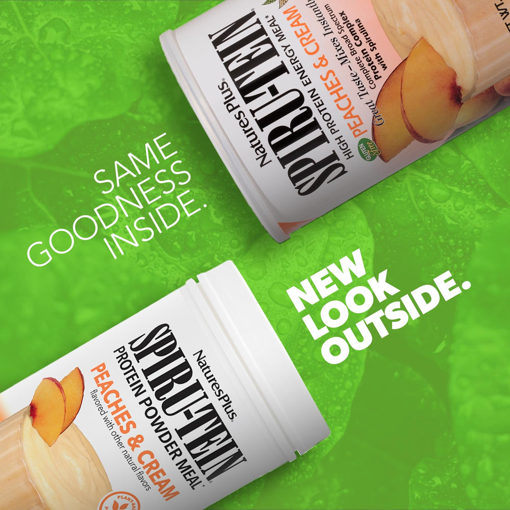 NaturesPlus SPIRU-TEIN Peaches & Cream shake-mix ready to mix into milk.