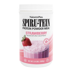 NaturesPlus SpirU-Tein strawberry bottle highlights protein-rich plant-based shake for busy mornings