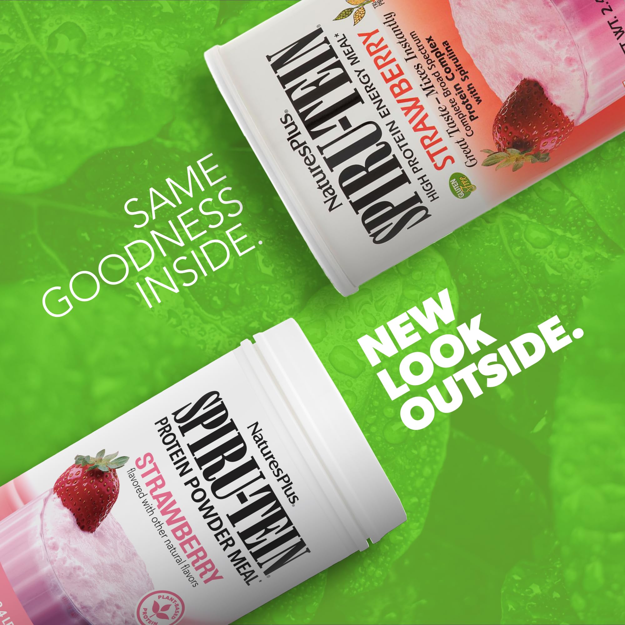 NaturesPlus SPIRU-TEIN Strawberry being poured into a glass for a quick meal replacement.