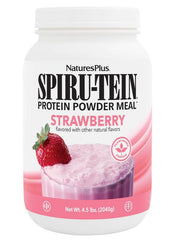 NaturesPlus SPIRU-TEIN strawberry tub, plant-based protein for quick, post-workout shakes.