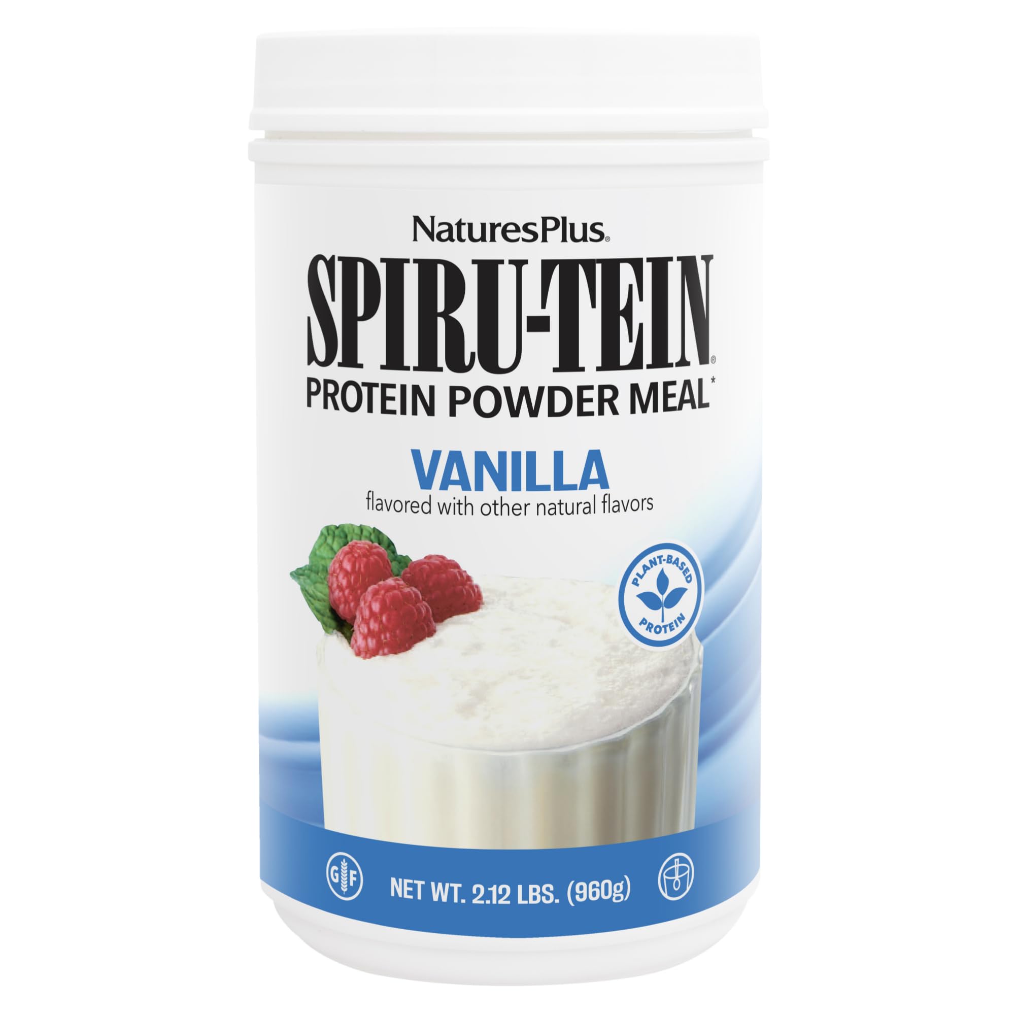 NaturesPlus SPIRU-TEIN Vanilla bottle highlighting plant-based protein