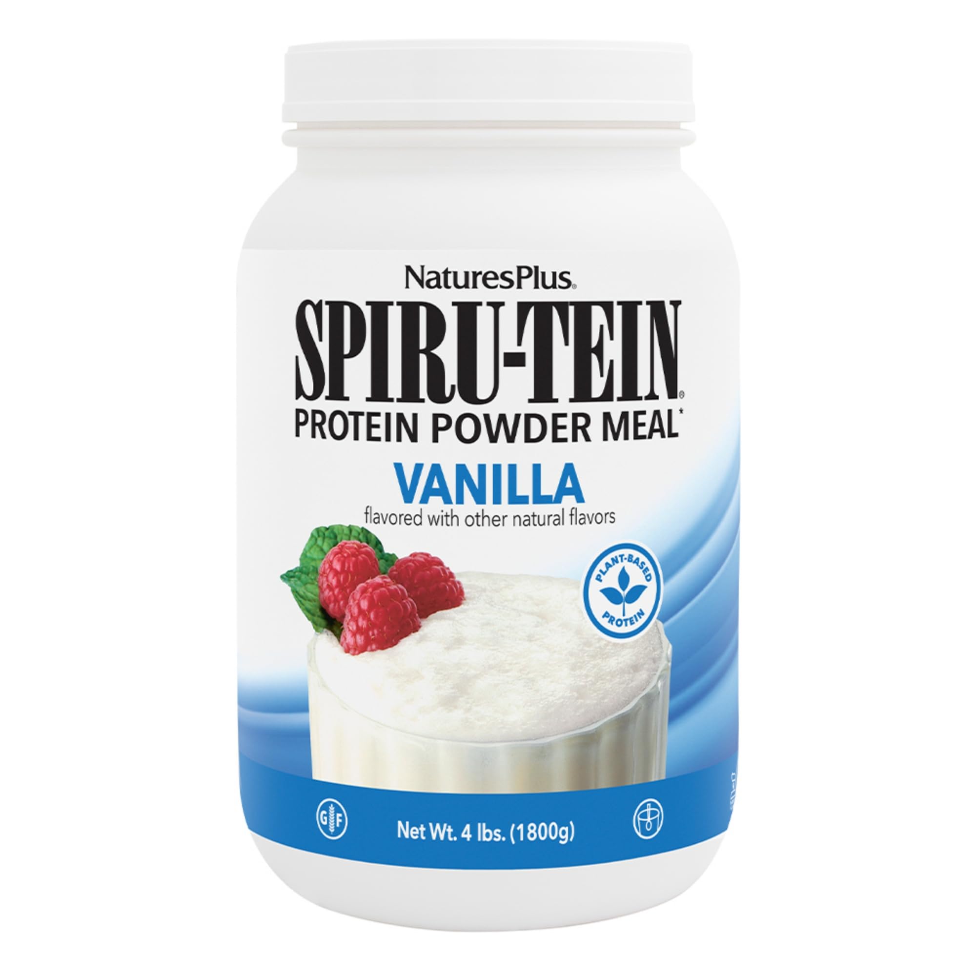 NaturesPlus SpirU-Tein Vanilla bottle showcasing plant-based protein
