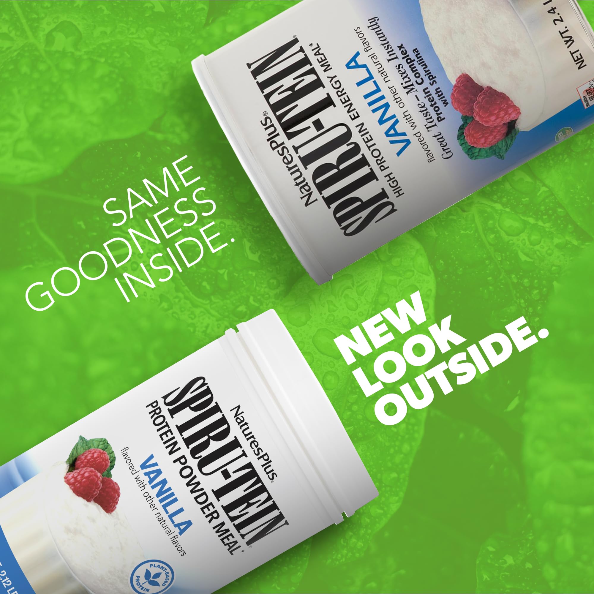 Powder scoop reveals tri-blend plant-based protein in SPIRU-TEIN Vanilla.