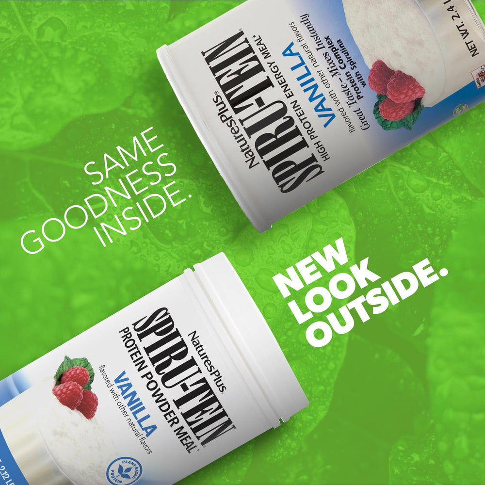 Powder scoop reveals tri-blend plant-based protein in SPIRU-TEIN Vanilla.