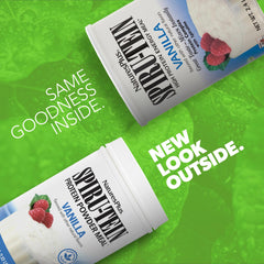 Powder scoop reveals tri-blend plant-based protein in SPIRU-TEIN Vanilla.