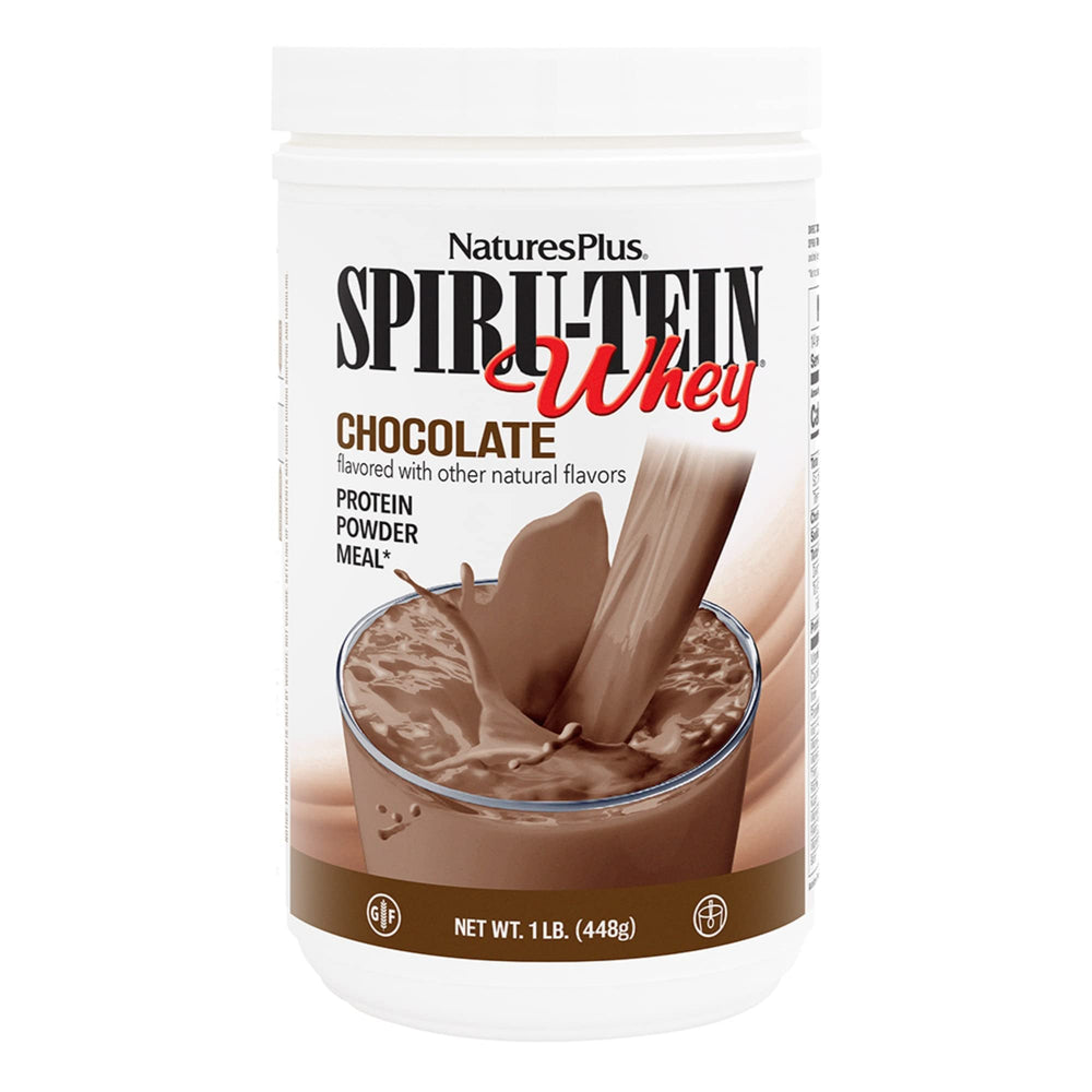 NaturesPlus SpirU-Tein Whey Shake chocolate bottle, quick high-protein nutrition.