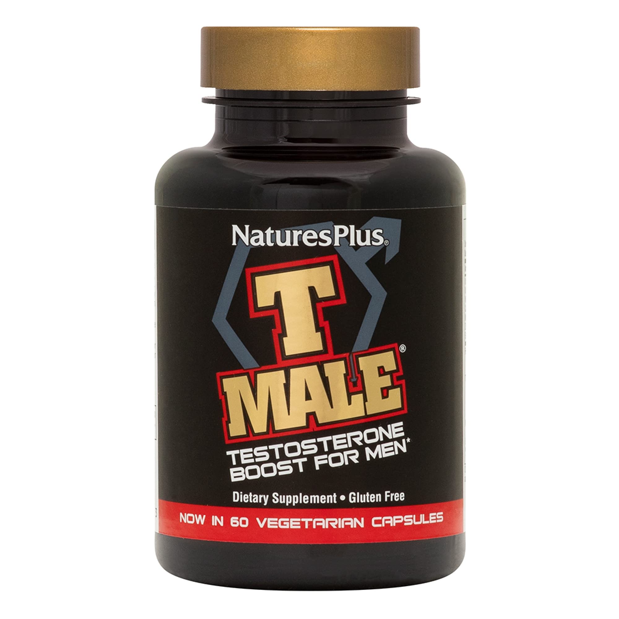 NaturesPlus T Male bottle front view showing compact vegetarian capsules.