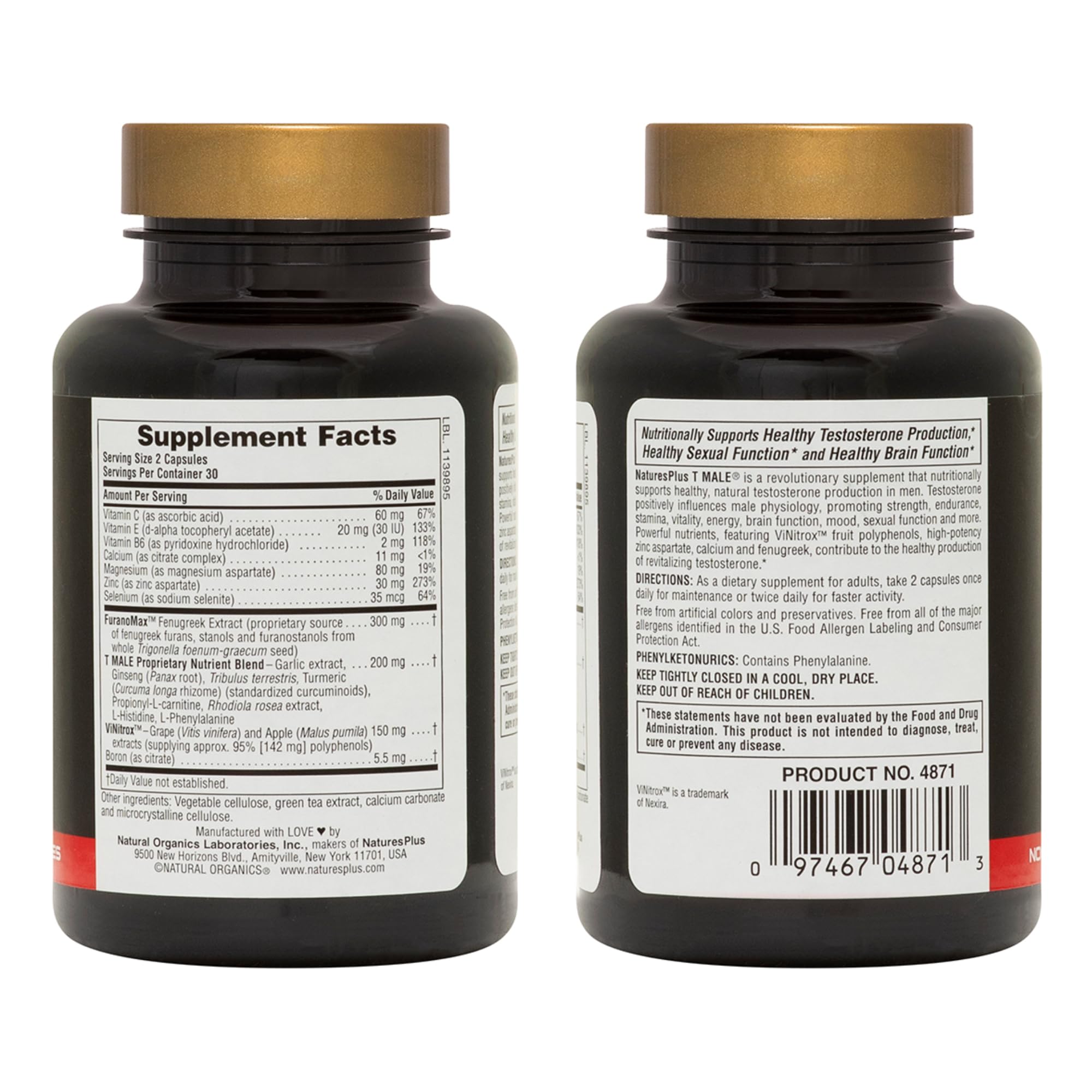 NaturesPlus T-Male vegetarian capsules show the compact, easy-to-take form for everyday wellness