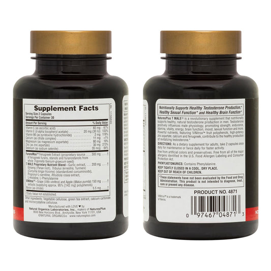 NaturesPlus T-Male vegetarian capsules show the compact, easy-to-take form for everyday wellness