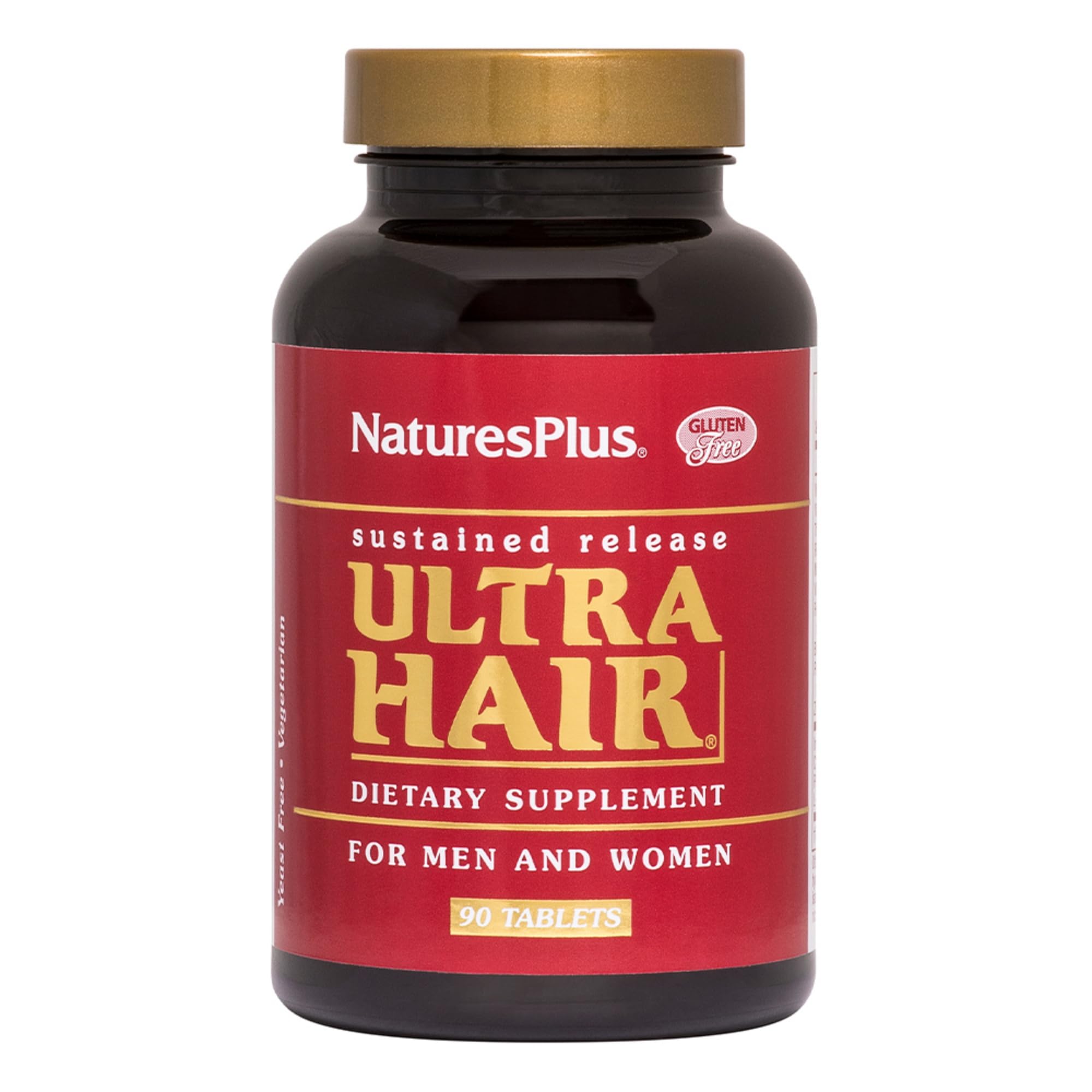 NaturesPlus Ultra Hair bottle front highlighting gluten-free formula for hair health