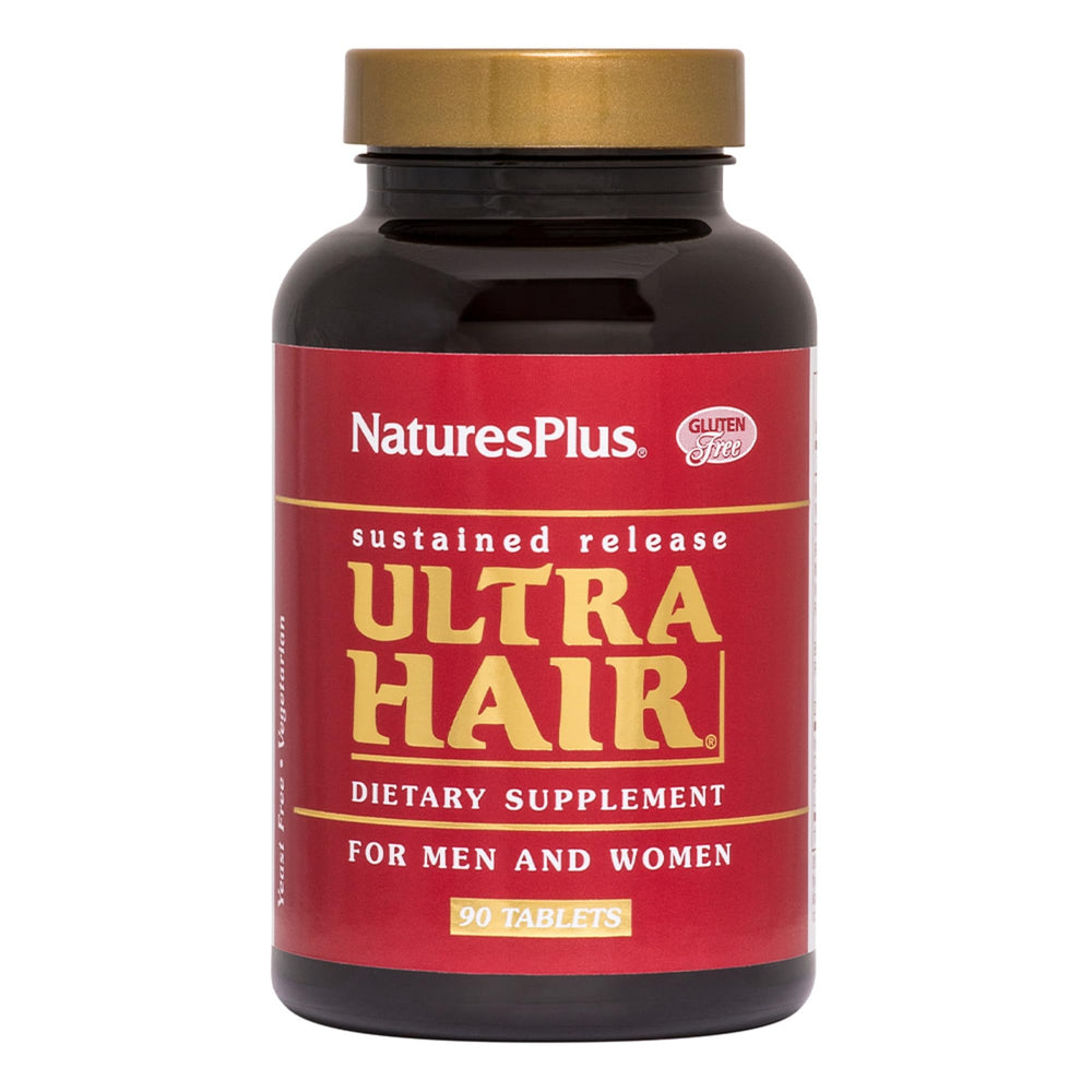 NaturesPlus Ultra Hair bottle front highlighting gluten-free formula for hair health