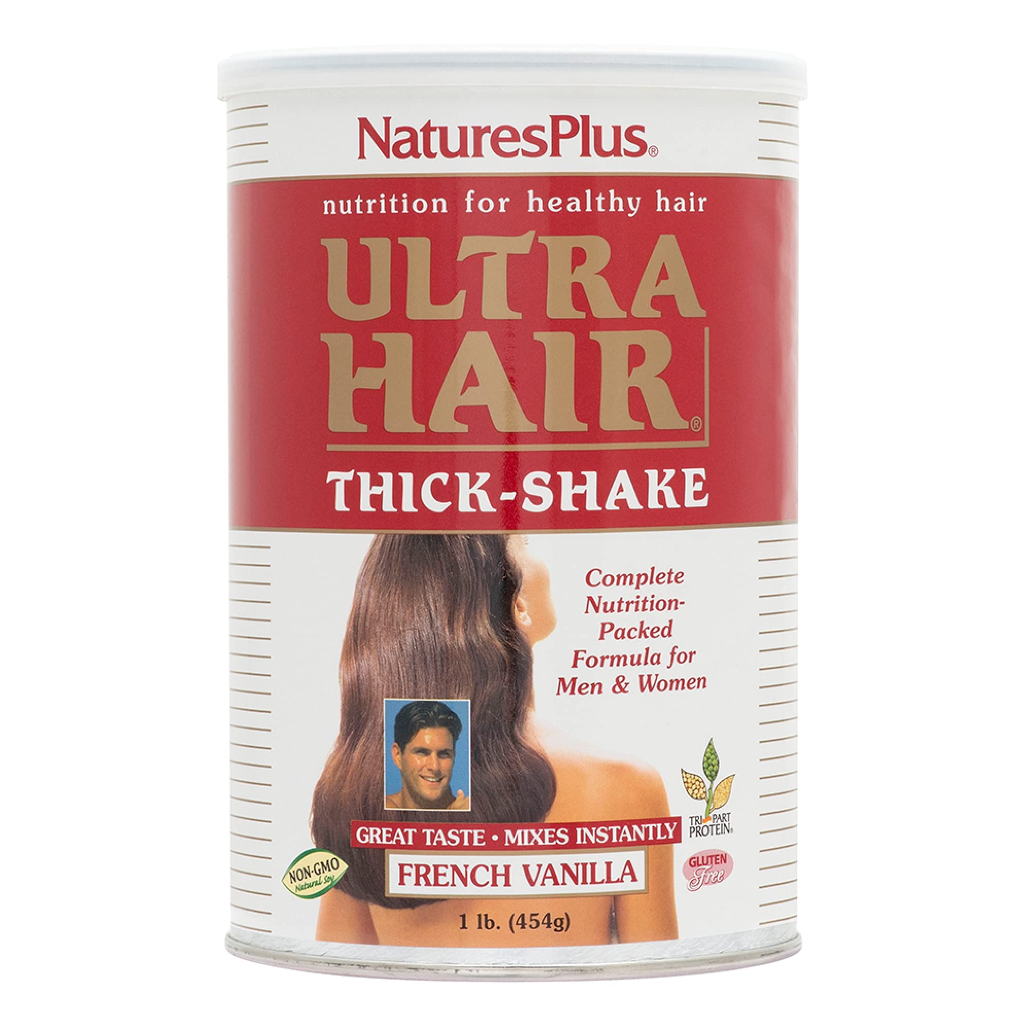 NaturesPlus Ultra Hair Thick Shake bottle with French vanilla nutrition label.