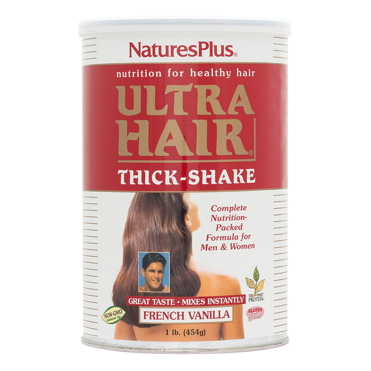 NaturesPlus Ultra Hair Thick Shake bottle with French vanilla nutrition label.