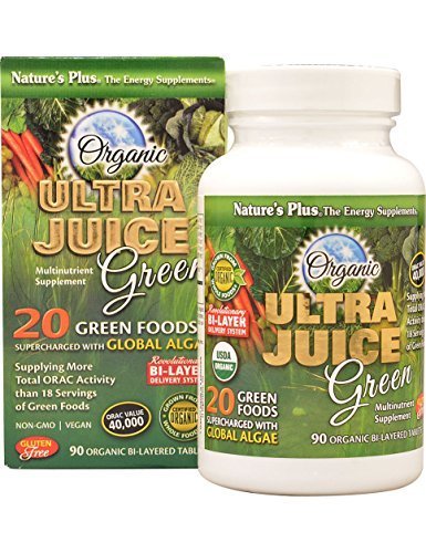 NaturesPlus Ultra Juice Green bottle pack showing organic vegan multinutrient formula for daily wellness.