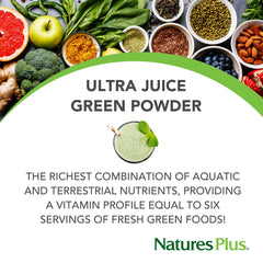 Close-up of Ultra Juice Green Drink ingredients blend of greens and probiotics