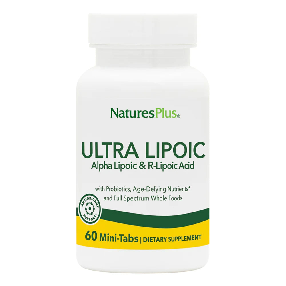 NaturesPlus Ultra Lipoic bottle front showing gluten-free wellness formula.