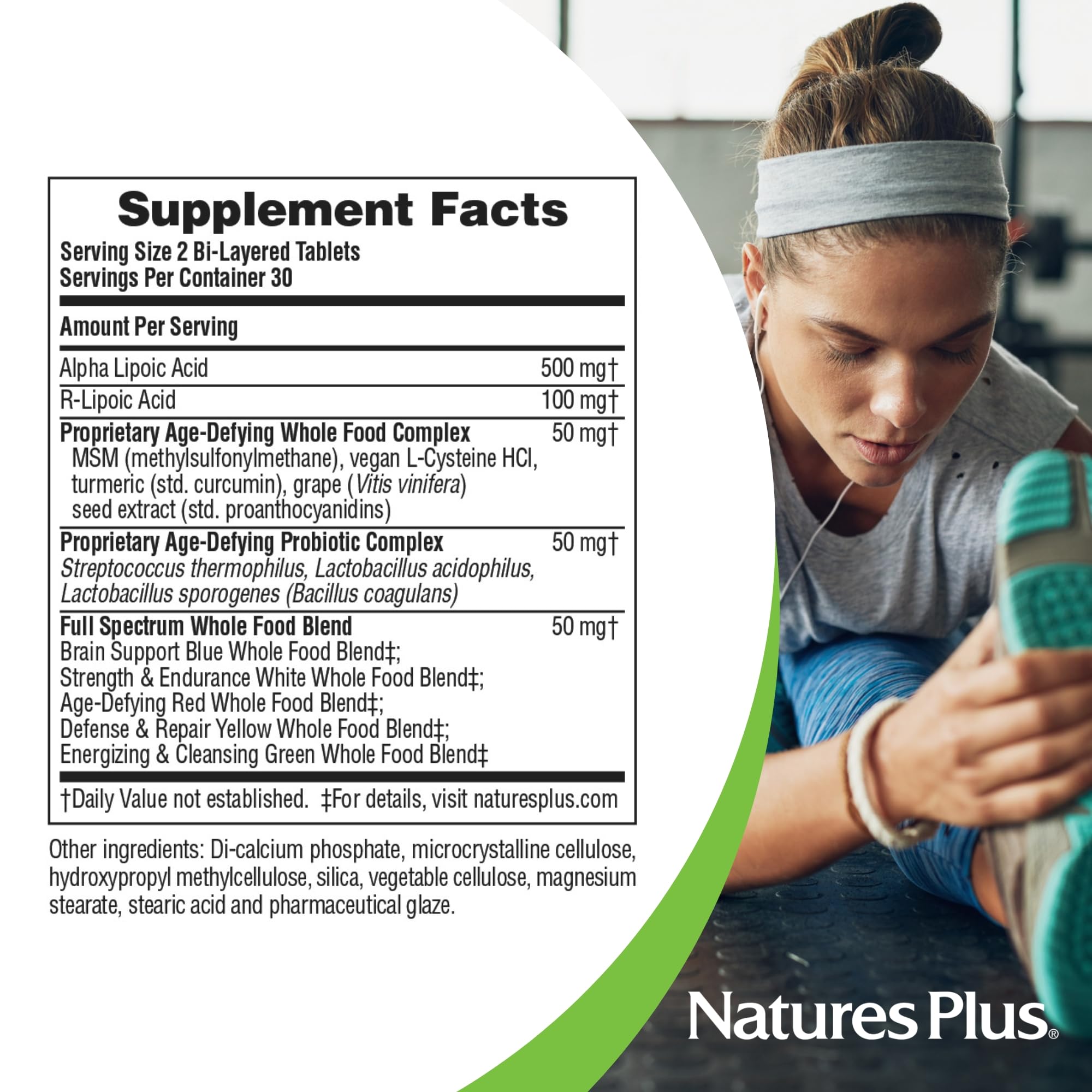 Label detail shows alpha lipoic and co-nutrients for antioxidant-inspired benefits.