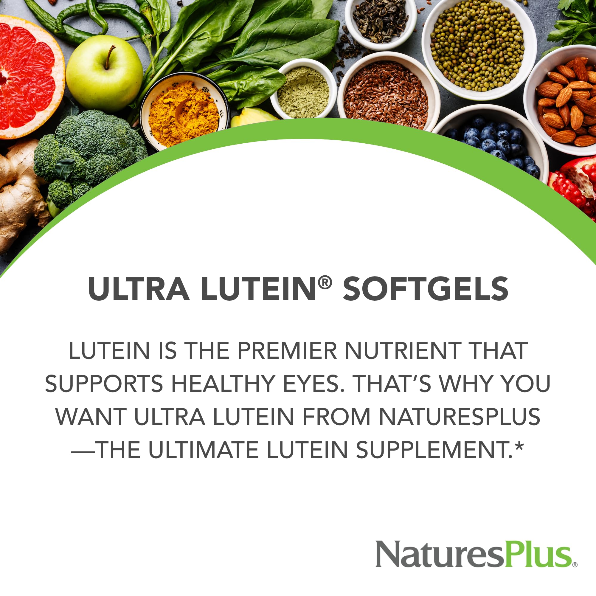 NaturesPlus Ultra Lutein label featuring gluten-free and preservative-free formulation.