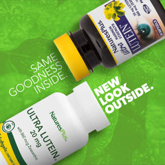 Close-up of Ultra Lutein softgels highlighting the 20 mg lutein and zeaxanthin mix.