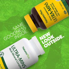 Close-up of NaturesPlus Ultra-Mins tablets showing compact mineral tablets