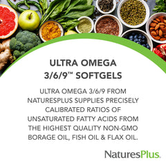 NaturesPlus Ultra Omega 3-6-9 bottle closeup highlights precise omega blend for balanced nutrition