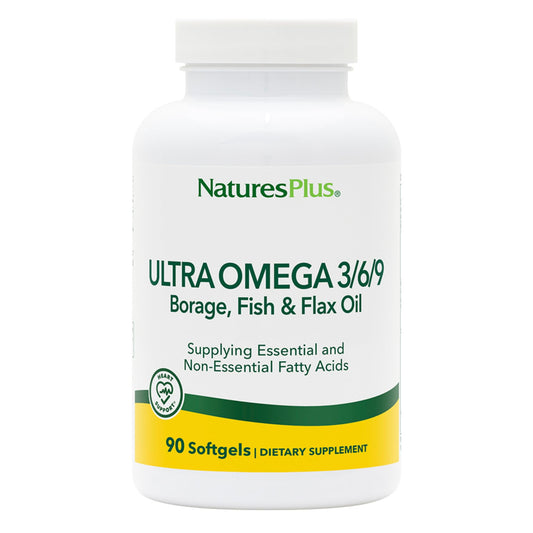 NaturesPlus Ultra Omega 3-6-9 softgels front view supports daily brain and heart nutrition