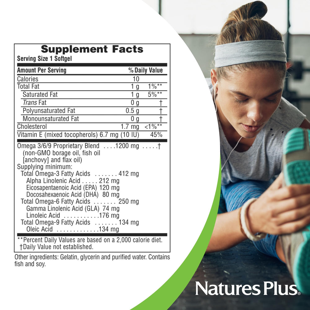 NaturesPlus Ultra Omega 3-6-9 bottle with spoon conveys easy daily servings