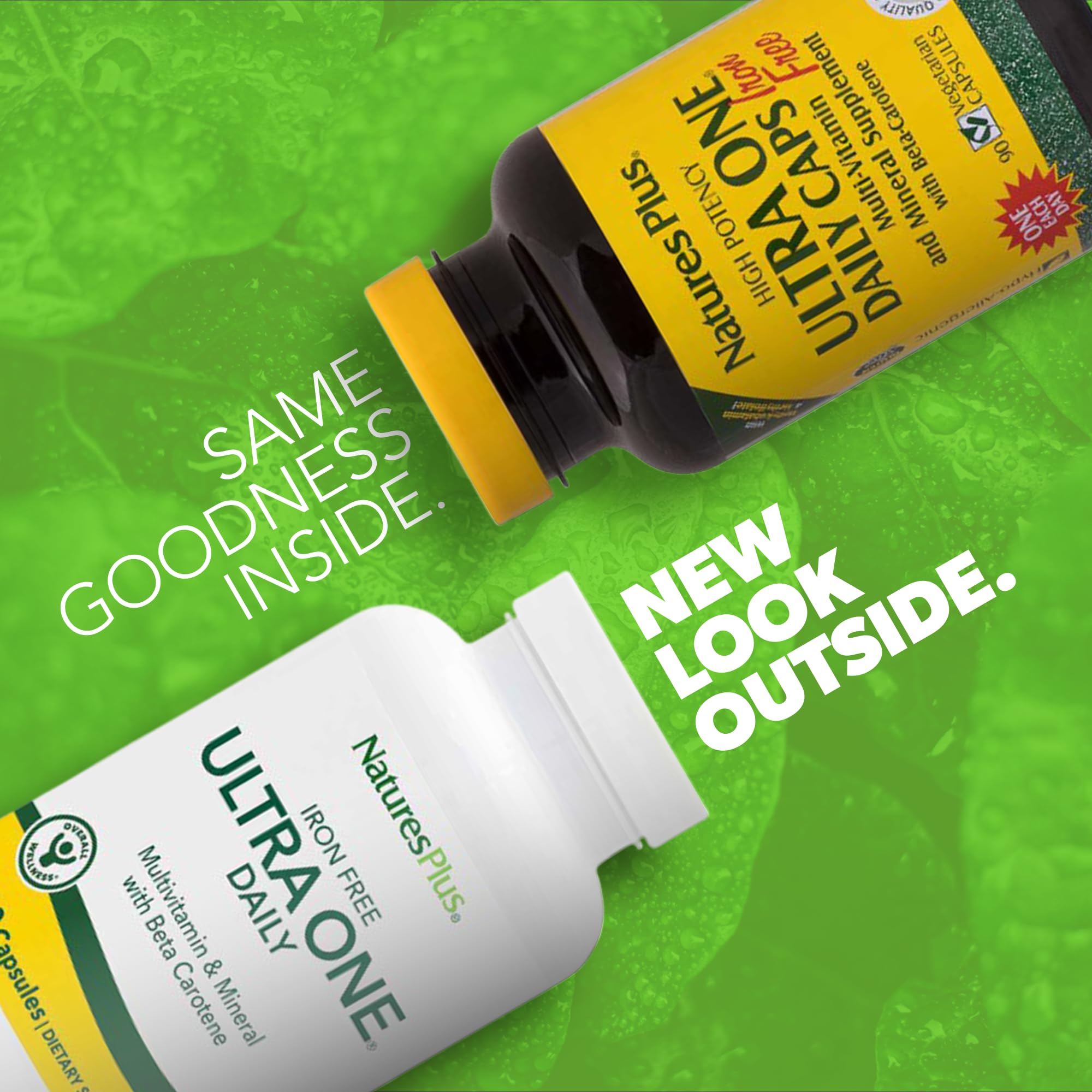 NaturesPlus Ultra One Daily Iron Free capsules close-up highlighting iron-free formula.
