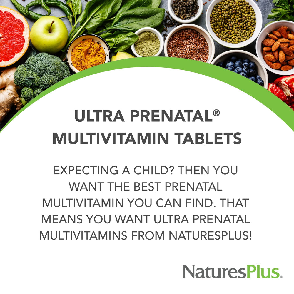 NaturesPlus Ultra Prenatal bottle open with tablets for daily use