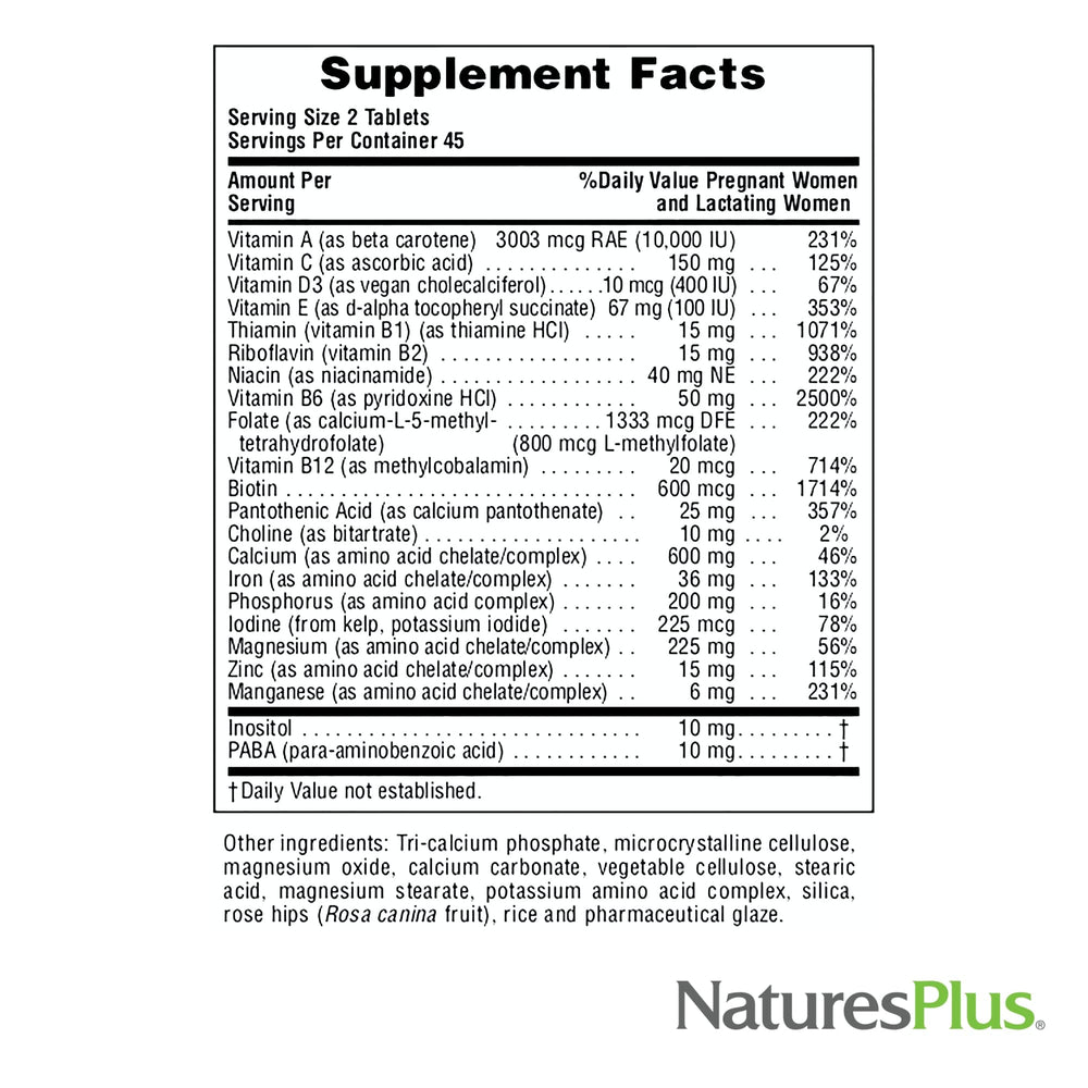 NaturesPlus Ultra Prenatal fortified rice bran base visible, supports digestion