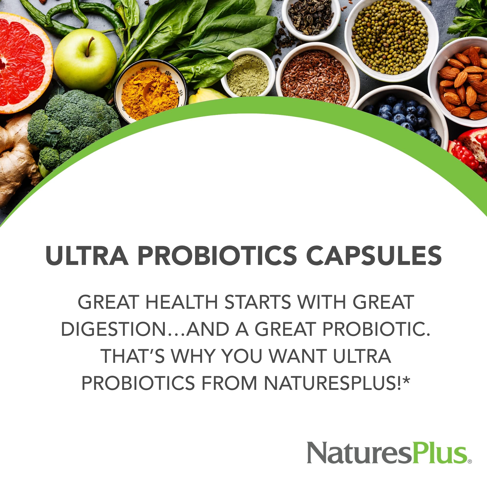 NaturesPlus Ultra Probiotics acai prebiotic label shows 300 mg prebiotic for probiotic thriving.