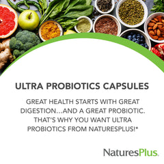 NaturesPlus Ultra Probiotics acai prebiotic label shows 300 mg prebiotic for probiotic thriving.