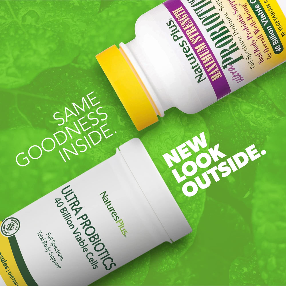 NaturesPlus Ultra Probiotics bottle back explains 11 probiotic species for total body support.