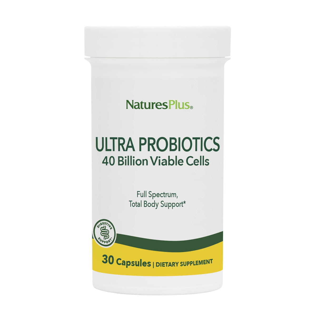 NaturesPlus Ultra Probiotics bottle front highlights 40B CFU for broad digestive support.